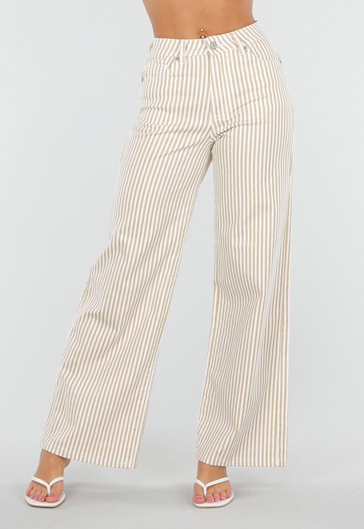 Beige Gestreepte Wide Leg Broek met Lichte Stretch