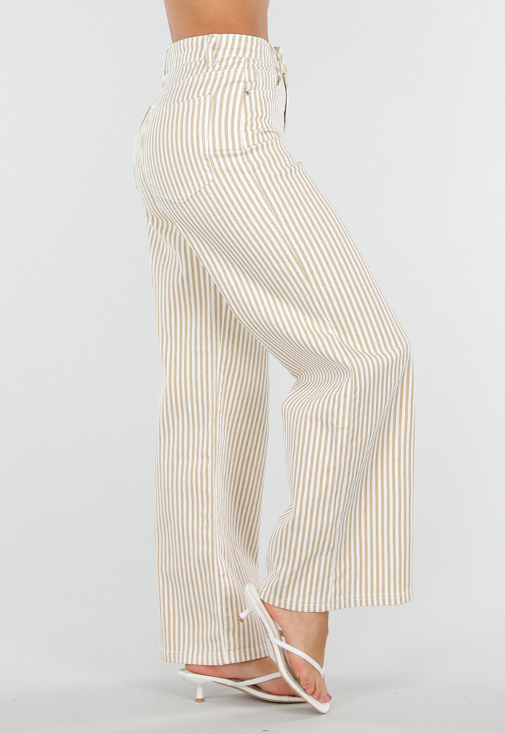 Beige Gestreepte Wide Leg Broek met Lichte Stretch
