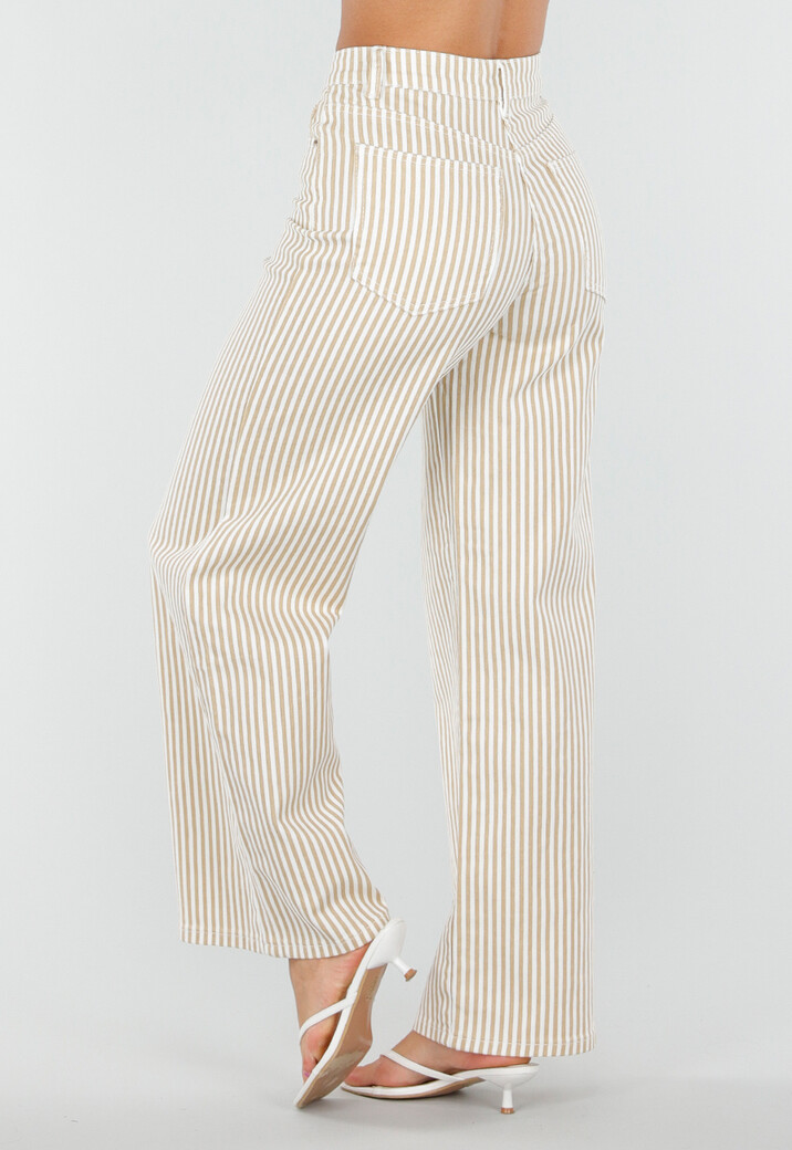 Beige Gestreepte Wide Leg Broek met Lichte Stretch