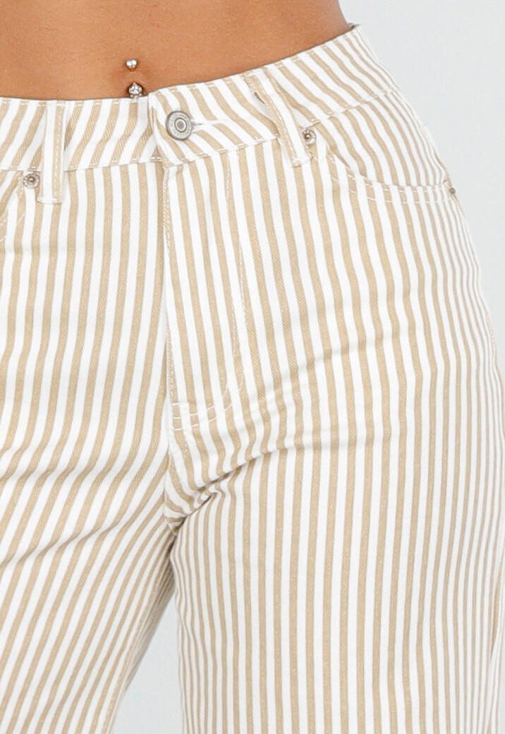Beige Gestreepte Wide Leg Broek met Lichte Stretch