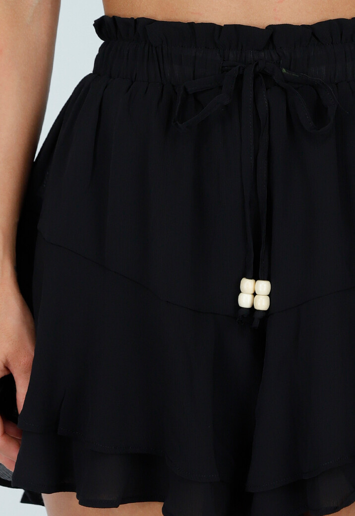 Zwarte Ruffle Skort met Elastische Taille en Strikkoord