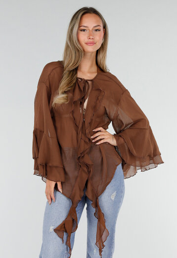 Bruine Chiffon Blouse met Ruches