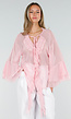Roze Chiffon Blouse met Ruches en Knoopsluiting