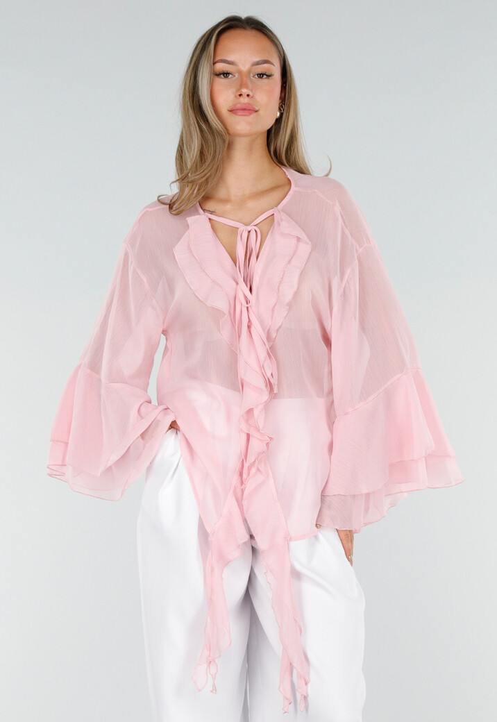 Roze Chiffon Blouse met Ruches en Knoopsluiting
