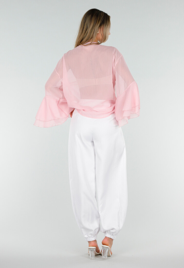 Roze Chiffon Blouse met Ruches en Knoopsluiting