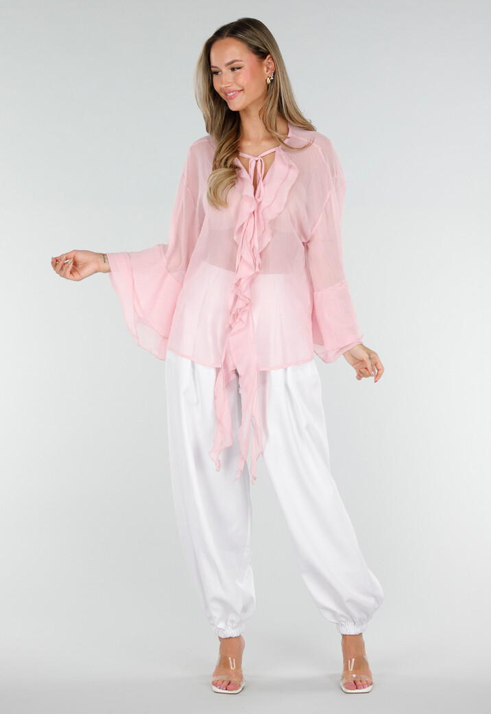 Roze Chiffon Blouse met Ruches en Knoopsluiting