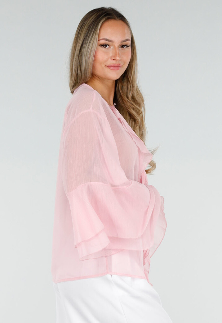 Roze Chiffon Blouse met Ruches en Knoopsluiting