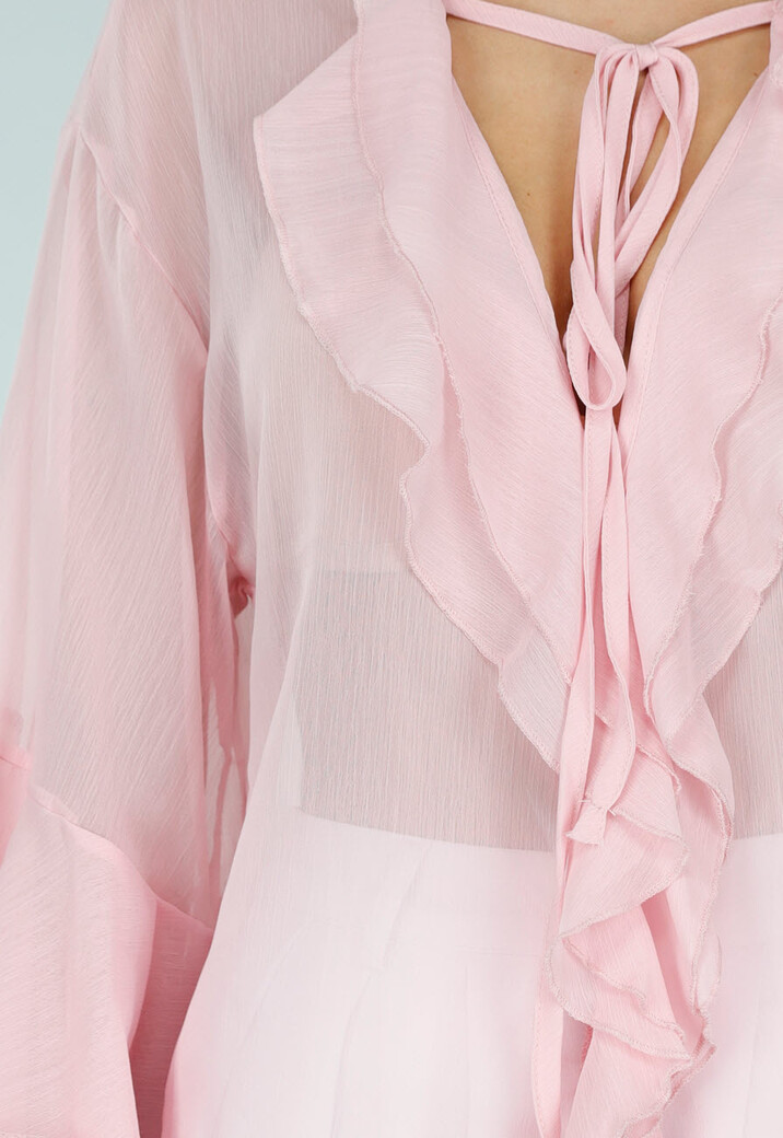 Roze Chiffon Blouse met Ruches en Knoopsluiting