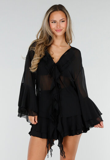 NEW010726 Zwarte Chiffon Blouse met Ruches