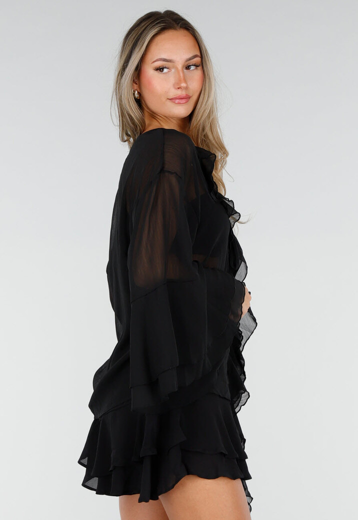 Zwarte Chiffon Blouse met Ruches en Knoopsluiting