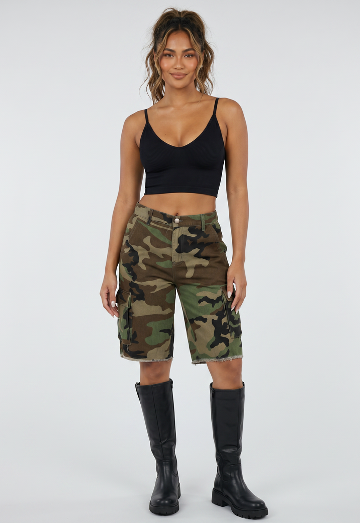 Camouflage Cargo Bermuda Short van Denim met Zakken