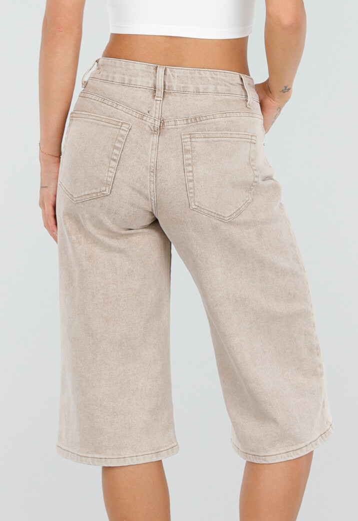 Beige Stretch Denim Bermuda Broek met Rechte Pijpen