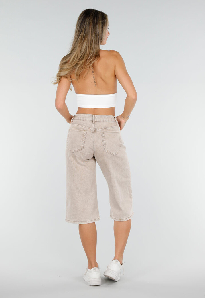 Beige Stretch Denim Bermuda Broek met Rechte Pijpen