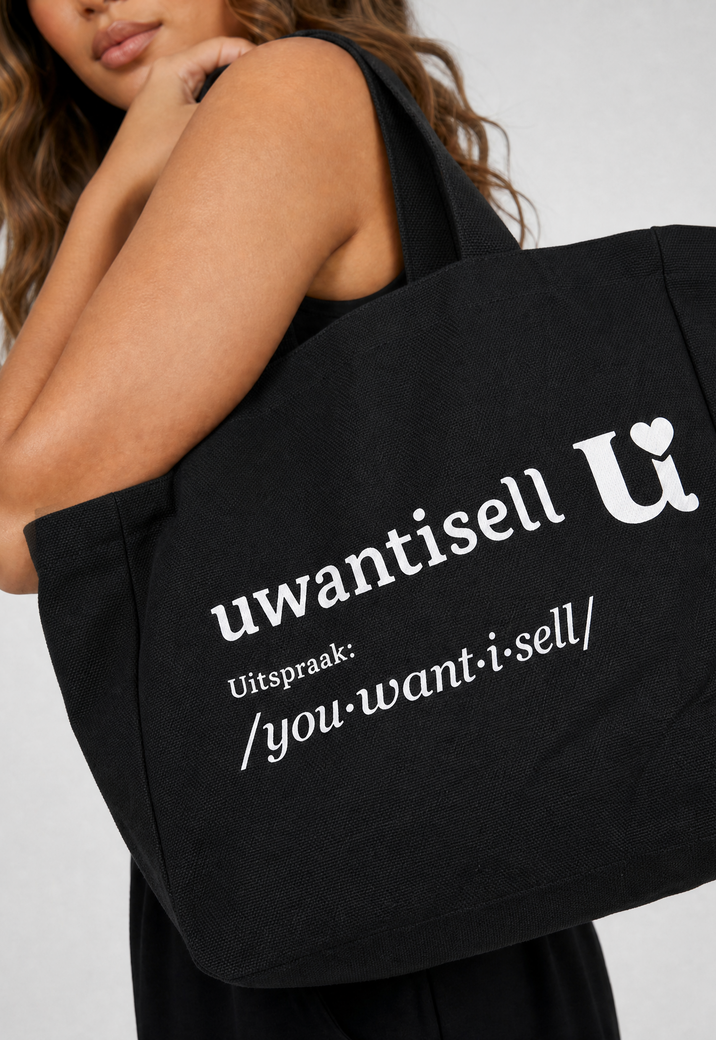Uwantisell™ Zwarte Canvas Shopper met Dubbele Schouderhengsels en Opdruk