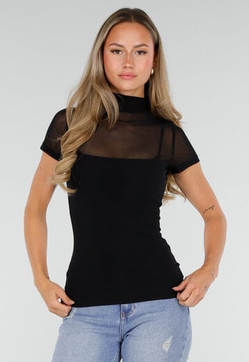 Zwarte Mesh Top met Hoge Hals