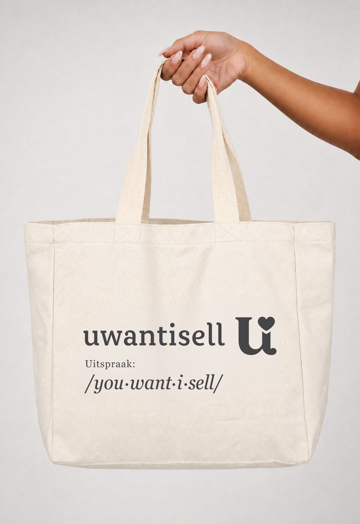 Uwantisell™ Crème Canvas Shopper met Dubbele Schouderhengsels en Opdruk