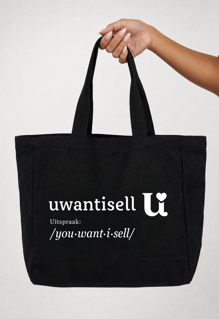 Uwantisell™ Zwarte Canvas Shopper met Dubbele Schouderhengsels en Opdruk