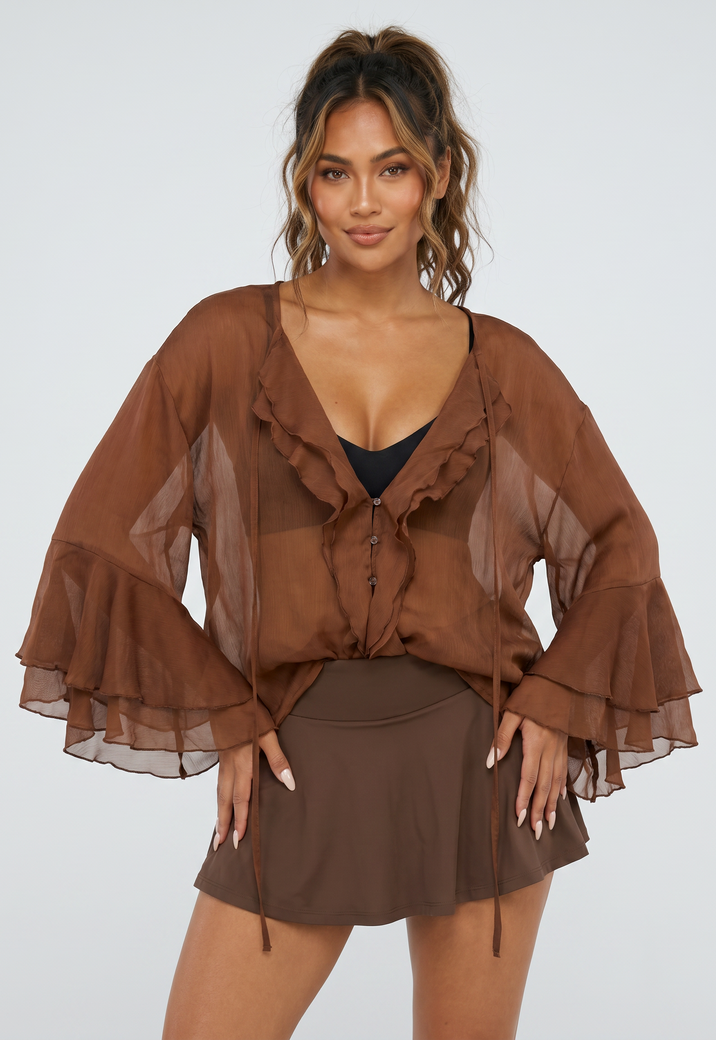 Bruine Chiffon Blouse met Ruches en Knoopsluiting