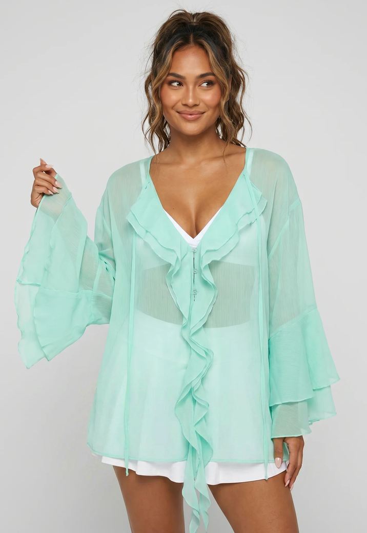 Mintgroene Chiffon Blouse met Ruches en Knoopsluiting
