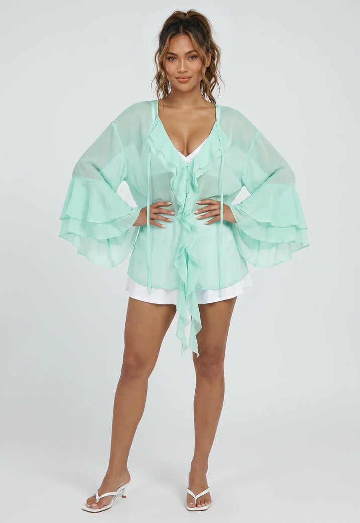Mintgroene Chiffon Blouse met Ruches en Knoopsluiting