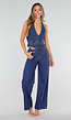 Blauwe Denim Two Piece Set met Halter Gilet en Wide Leg Jeans Voor Dames