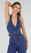 Blauwe Denim Two Piece Set met Halter Gilet en Wide Leg Jeans Voor Dames