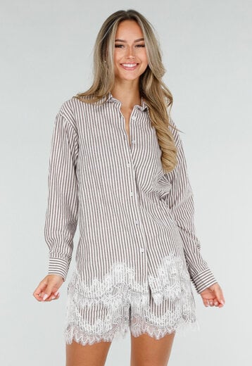 Beige Gestreepte Blouse en Short Set