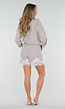 Beige Gestreepte Blouse en Short Set met Kant