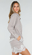 Beige Gestreepte Blouse en Short Set met Kant
