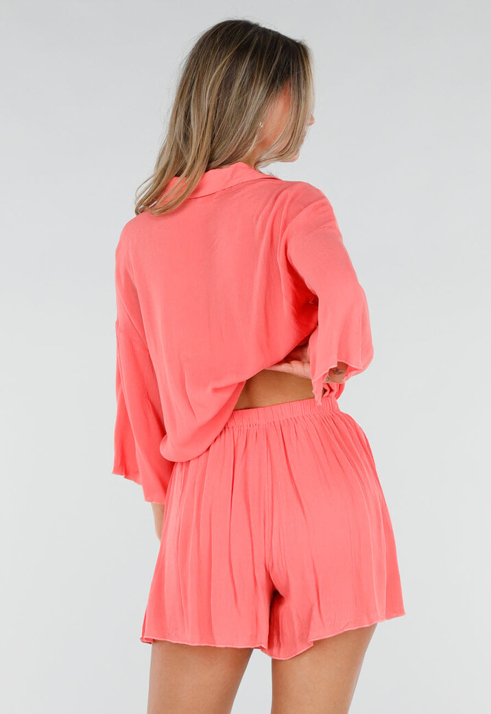 Koraal Matchende Set met Blouse, Shorts en Elastische Taille