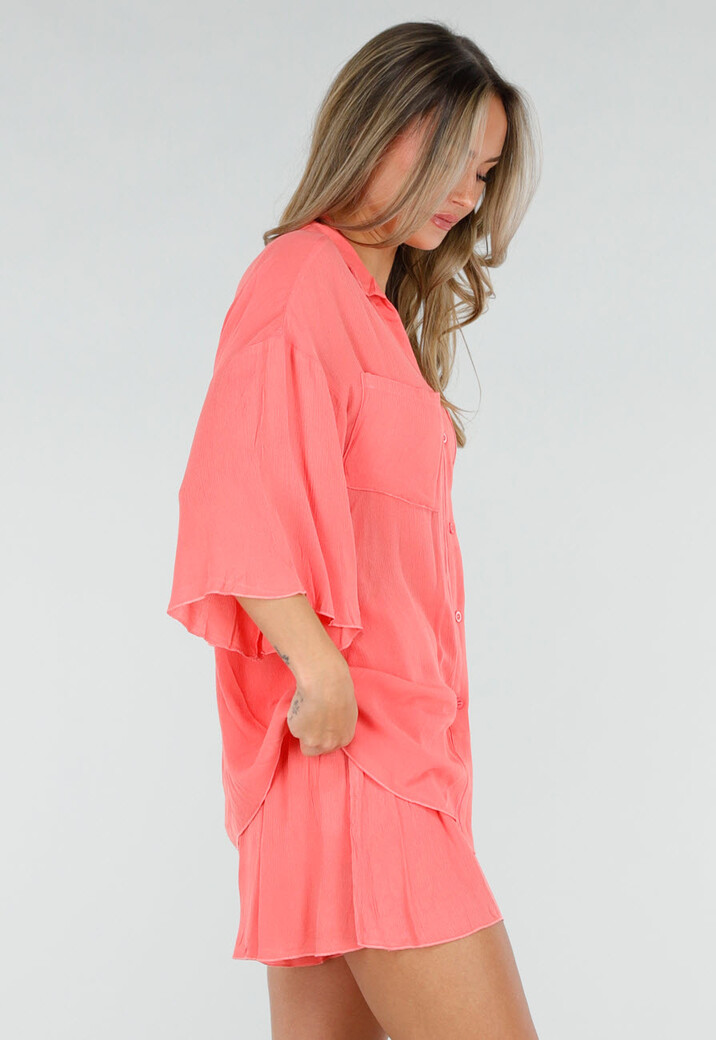 Koraal Matchende Set met Blouse, Shorts en Elastische Taille