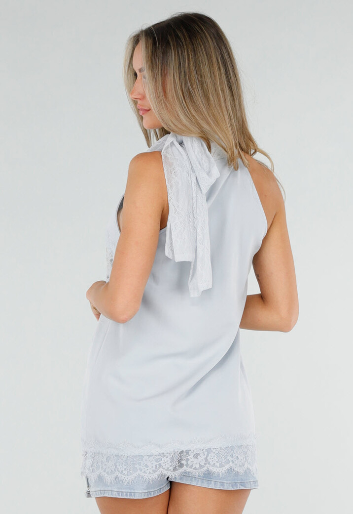 Lichtblauwe Halter Top met Kant, Strik en Open Schouders