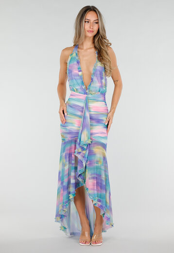 Pastelkleurige Halter Maxi Jurk met Stretch
