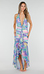 Pastelkleurige Halter Maxi Jurk met Stretch en Open Rug