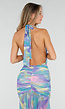 Pastelkleurige Halter Maxi Jurk met Stretch en Open Rug