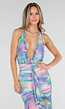 Pastelkleurige Halter Maxi Jurk met Stretch en Open Rug