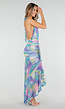 Pastelkleurige Halter Maxi Jurk met Stretch en Open Rug