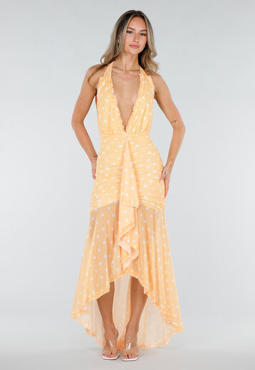 Gele Polkadot Halter Maxi Jurk
