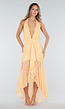 Butter Yellow Halter Maxi Jurk met Polkadot Print, Stretch en Mesh