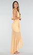Butter Yellow Halter Maxi Jurk met Polkadot Print, Stretch en Mesh