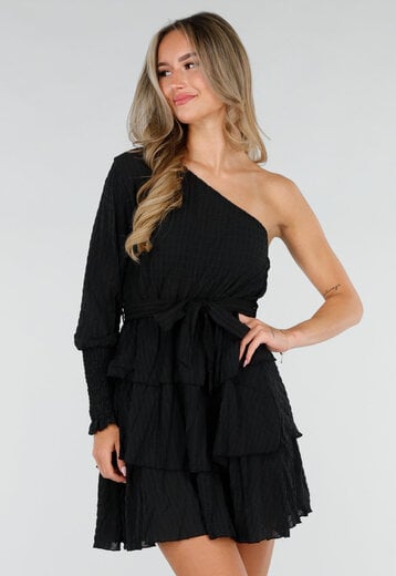 Zwarte One Shoulder Plissé Jurk