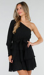 Zwarte One Shoulder Plissé Jurk met Tailleband