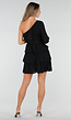 Zwarte One Shoulder Plissé Jurk met Tailleband