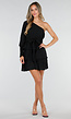 Zwarte One Shoulder Plissé Jurk met Tailleband