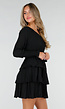 Zwarte One Shoulder Plissé Jurk met Tailleband