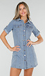 Lichtblauwe Denim Blousejurk met Korte Mouwen en Knoopsluiting