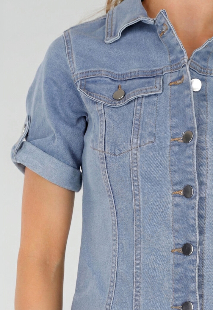 Lichtblauwe Denim Blousejurk met Korte Mouwen en Knoopsluiting