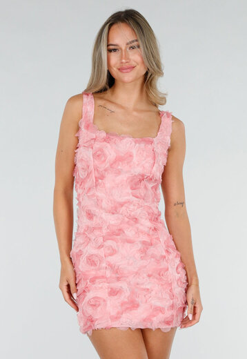 Roze 3D Bloemen Jurk met Brede Bandjes