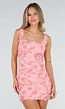 Roze 3D Bloemen Jurk met Brede Bandjes en Vierkante Hals