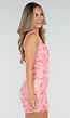 Roze 3D Bloemen Jurk met Brede Bandjes en Vierkante Hals